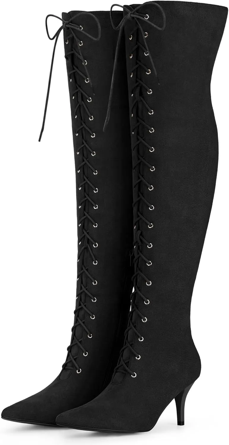 Allegra K Women's Thigh High Boots Lace Up Stiletto Heel Over Knee High Boots