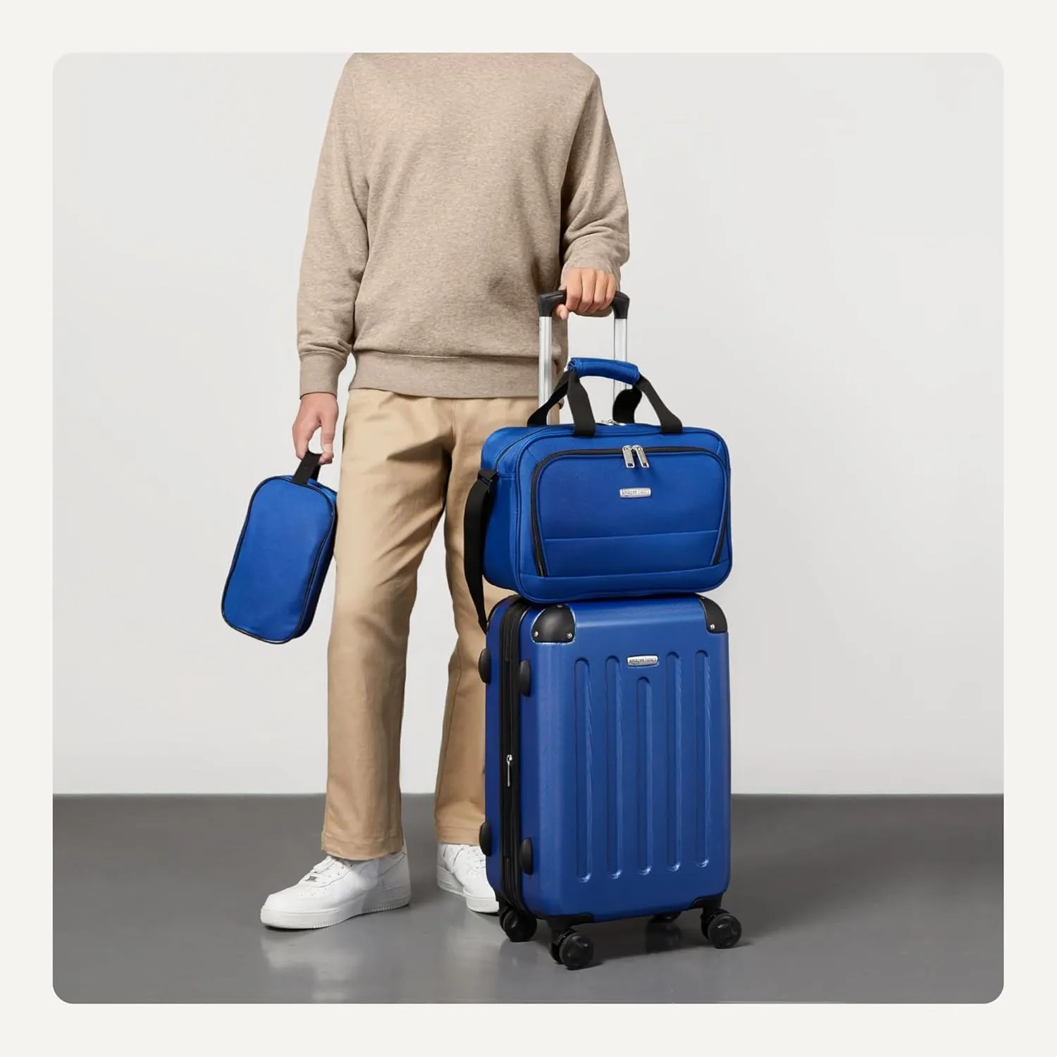 Amazon Basics 3-Piece Luggage Set, Including Carry-On Luggage (22" Expandable Hardside Suitcase With 8 Spinner Wheels), 15" Tote Bag, and 10" Compact Travel Bag, Navy Blue