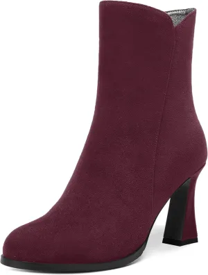 AMBELIGHT Womens Sexy Suede Evening Zip Round Toe Solid Block High Heel Ankle High Boots 3.3 Inch