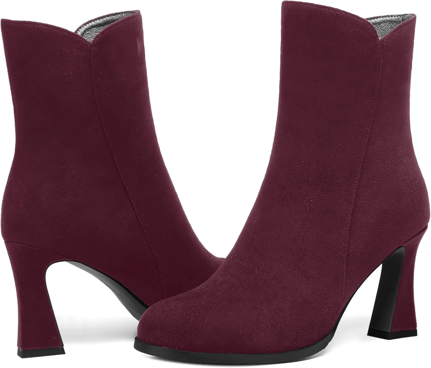 AMBELIGHT Womens Sexy Suede Evening Zip Round Toe Solid Block High Heel Ankle High Boots 3.3 Inch