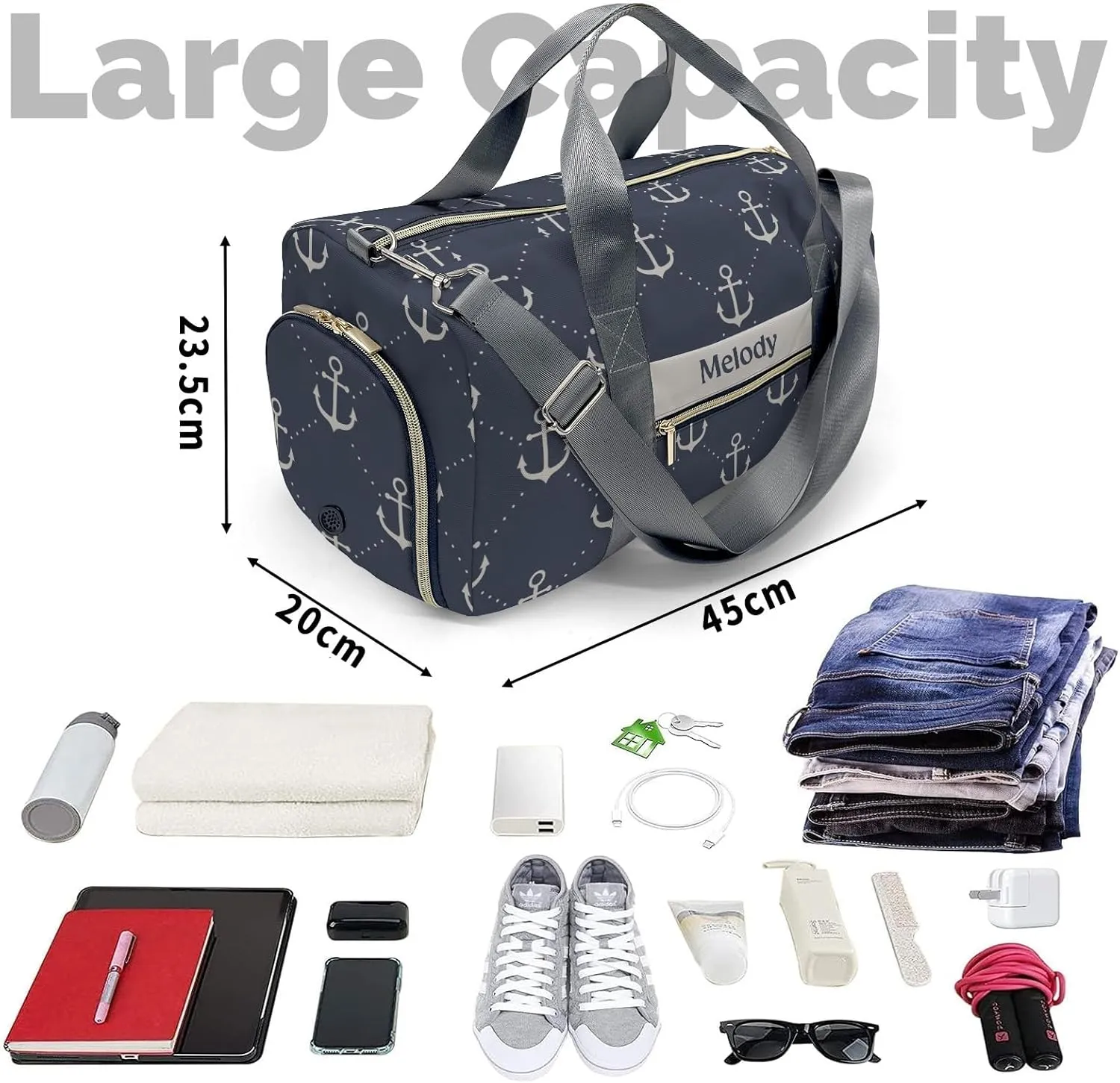 Anchor (2) Personalized Duffel Bag,Custom Travel Gym Bag with Name,Waterproof Sports Overnight Bag with Shoe Compartment & Shoulder Strap