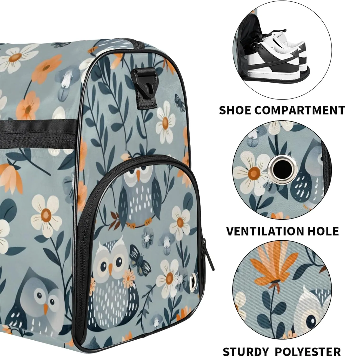 Animals Gym Duffle Bag for Men, Owls Waterproof Sports duffle bag for travel Weekender Bags for Women Overnight Bag with Shoes Compartment