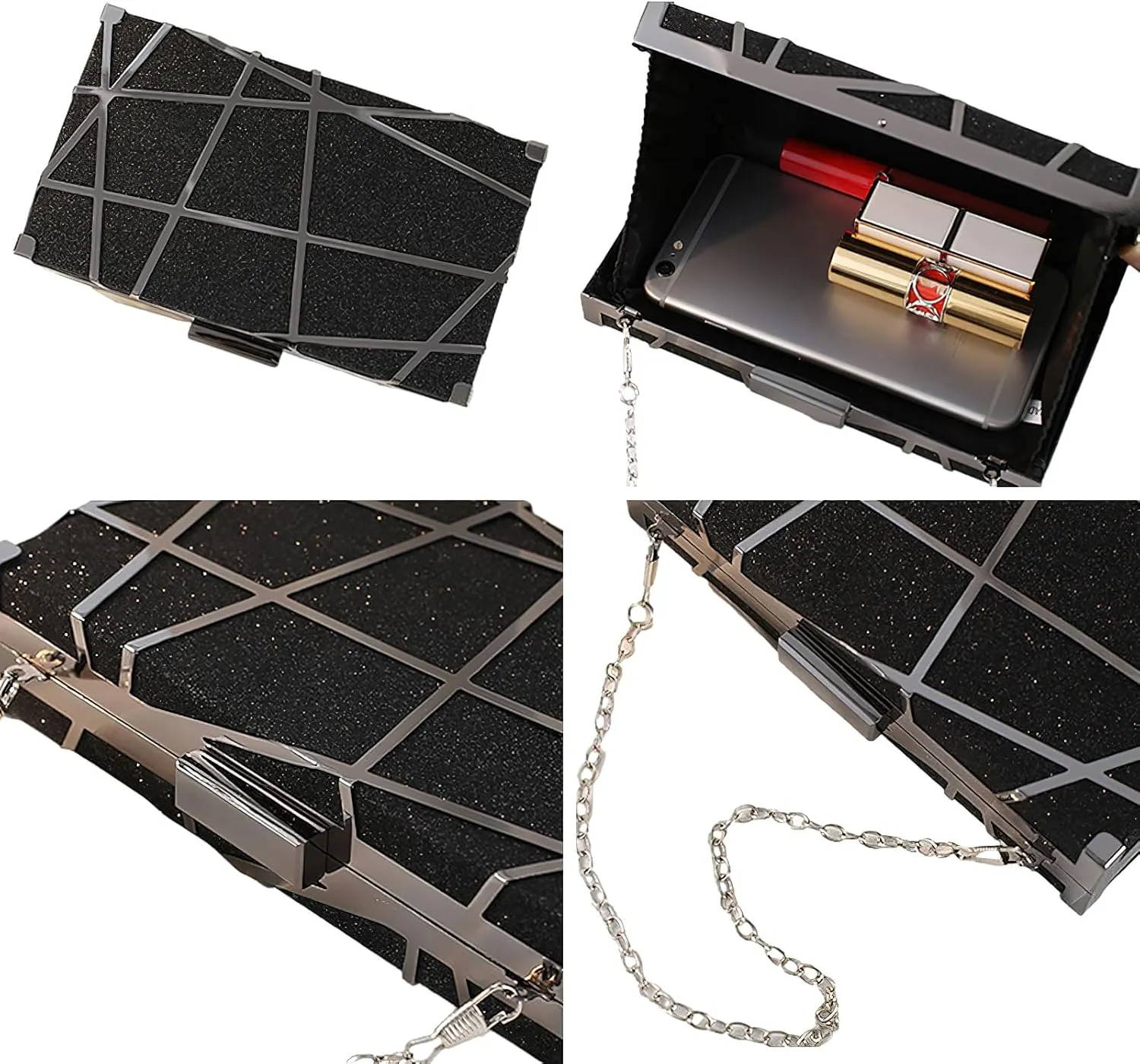 ANUFER Women's Sparkly Sequins Evening Clutch Bag Geometric Party Purse Bag with Two Chains