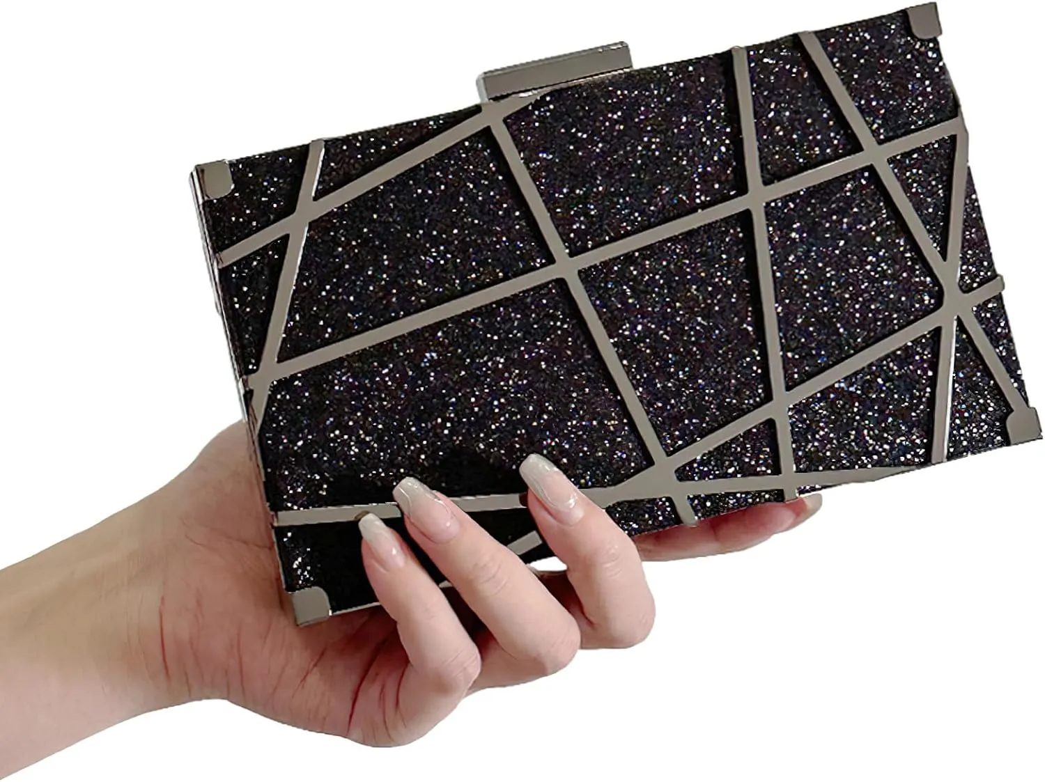 ANUFER Women's Sparkly Sequins Evening Clutch Bag Geometric Party Purse Bag with Two Chains