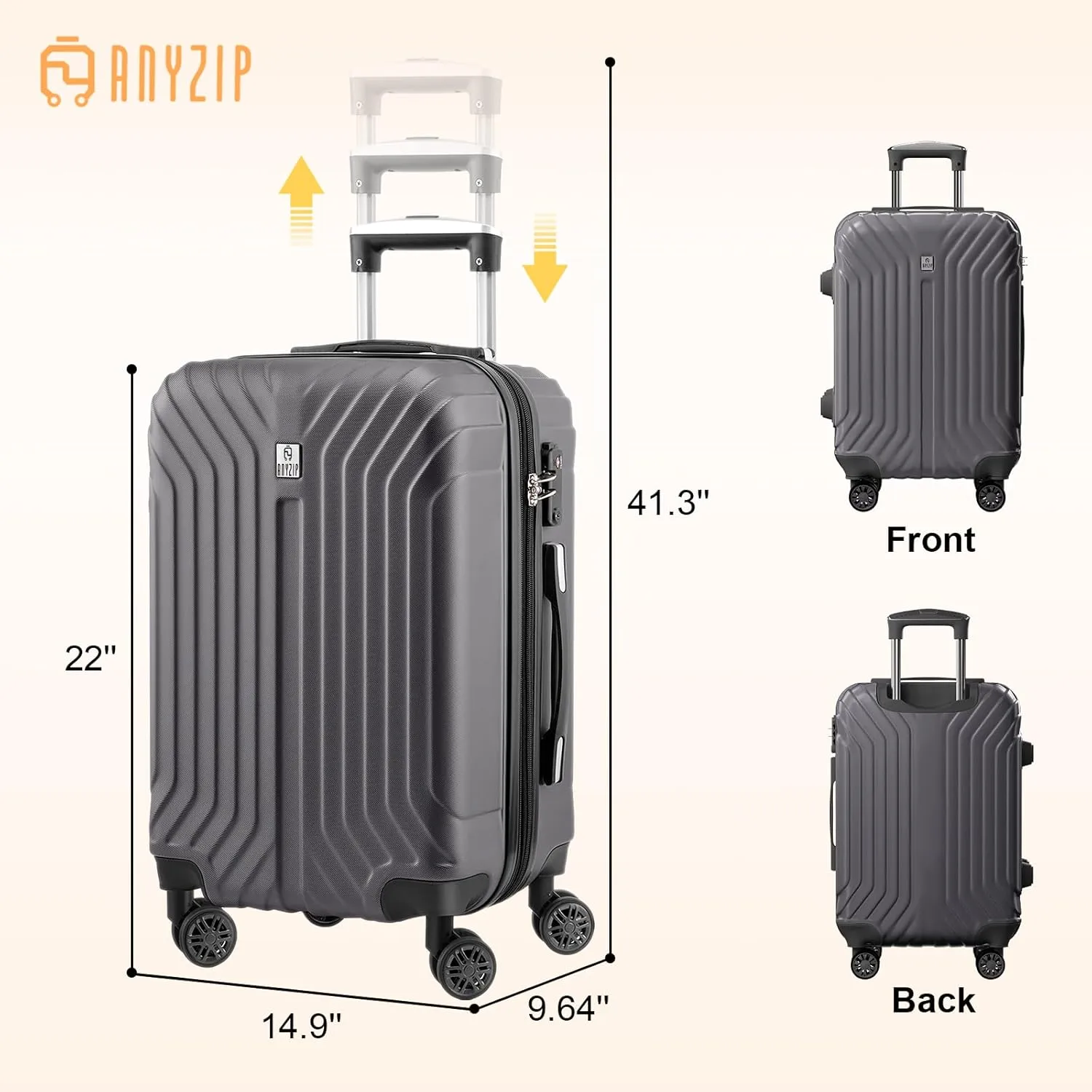 AnyZip Expandable Carry On Luggage, 20 Inch Hard Shell Travel Suitcase,Rolling Lightweight Suitcases with Wheels TSA Lock (Grey)
