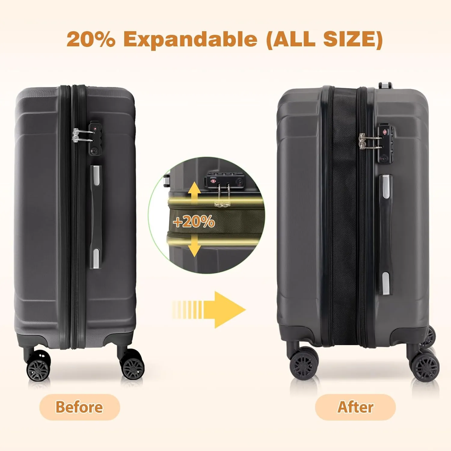 AnyZip Expandable Carry On Luggage, 20 Inch Hard Shell Travel Suitcase,Rolling Lightweight Suitcases with Wheels TSA Lock (Grey)