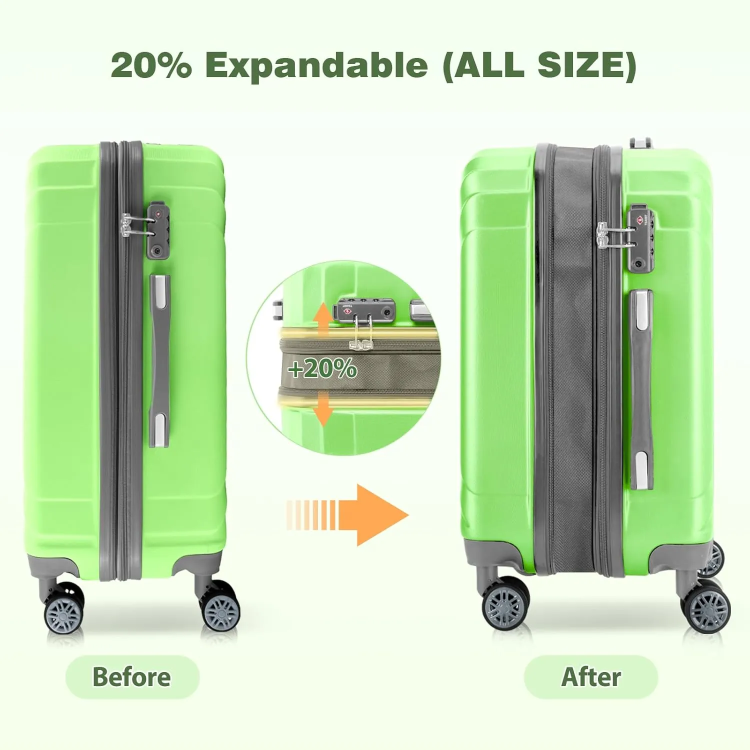 AnyZip Expandable Luggage Sets, 3 Piece Hard Shell Suitcase, Rolling Lightweight Travel Suitcases Sets with Wheels TSA Lock 20 24 28 Inch (LightGreen)