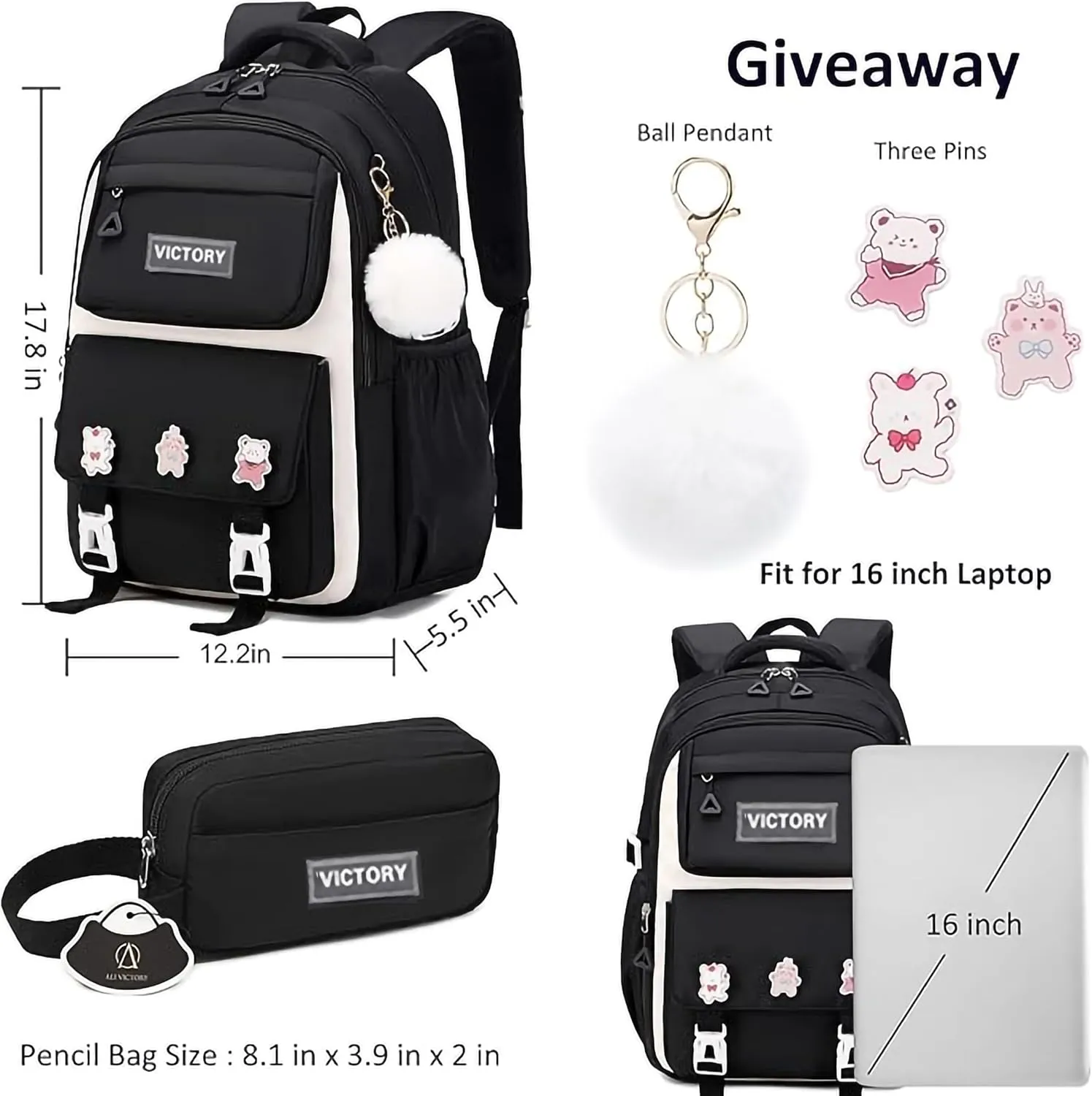 AO ALI VICTORY Backpack for Women Girls Set with Pencil Case 15.6 Inch Laptop School Bag Kids Elementary College Backpacks