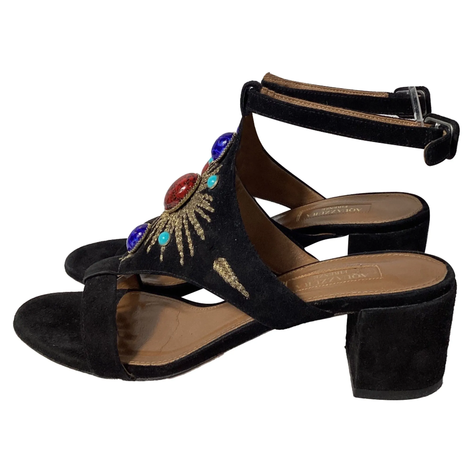 Aquazzura Desert Sun Embellished Sandal Heels in Black Suede
