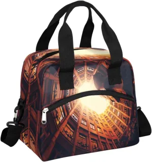 Architecture Courtyard Tote Lunch Bag, Reusable Leakproof Insulated Cooler Bag, Adjustable Shoulder Straps Water-resistant Lunch Box for Picnic Beach Hiking Work