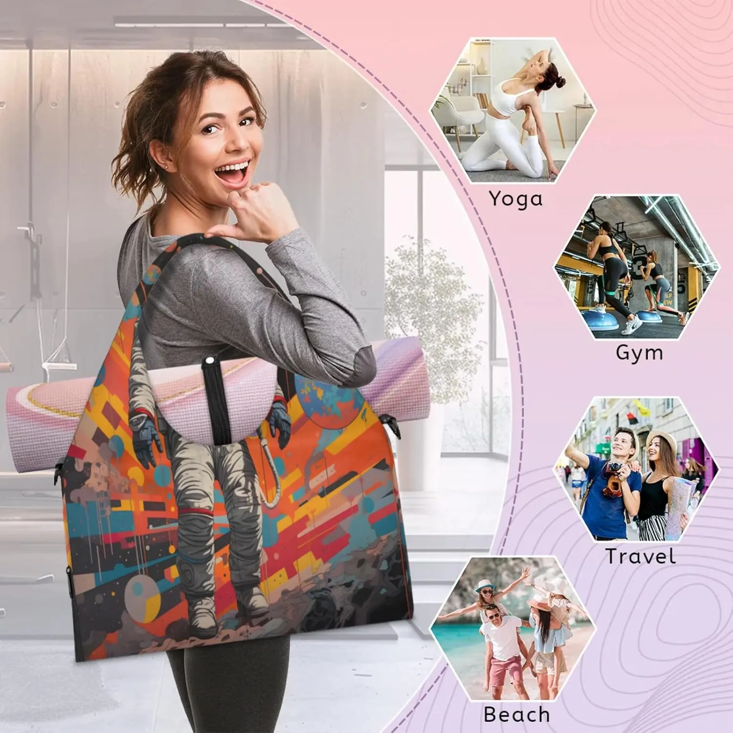 Astronaut Cosmic Adventure Waterproof Gym Bag for Men Women, Sports Duffel Bag with Shoe Compartment Yoga Mat Holder, Portable Large Travel Bag for Fitness, Camping, Weekend Trips