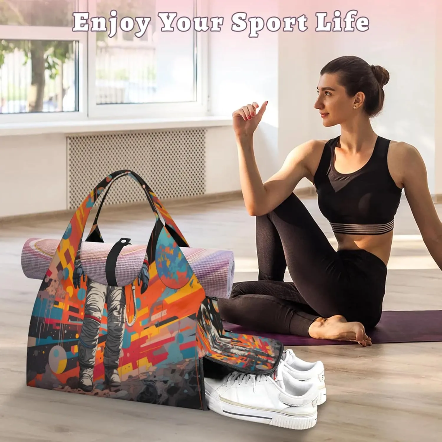Astronaut Cosmic Adventure Waterproof Gym Bag for Men Women, Sports Duffel Bag with Shoe Compartment Yoga Mat Holder, Portable Large Travel Bag for Fitness, Camping, Weekend Trips