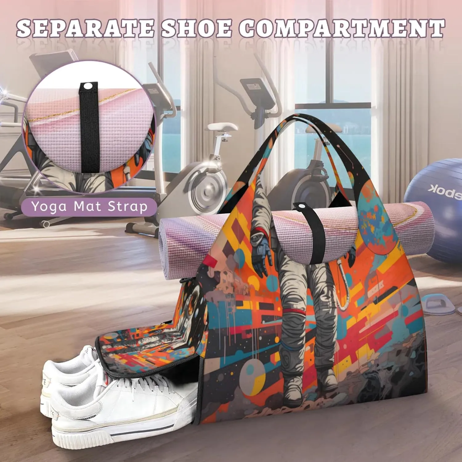 Astronaut Cosmic Adventure Waterproof Gym Bag for Men Women, Sports Duffel Bag with Shoe Compartment Yoga Mat Holder, Portable Large Travel Bag for Fitness, Camping, Weekend Trips