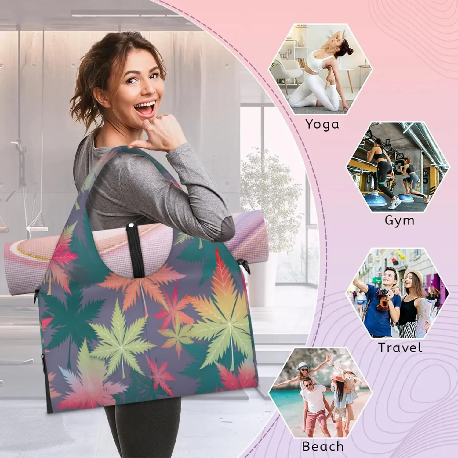 Autumn Maple Pattern Waterproof Gym Bag for Men Women, Sports Duffel Bag with Shoe Compartment Yoga Mat Holder, Portable Large Travel Bag for Fitness, Camping, Weekend Trips