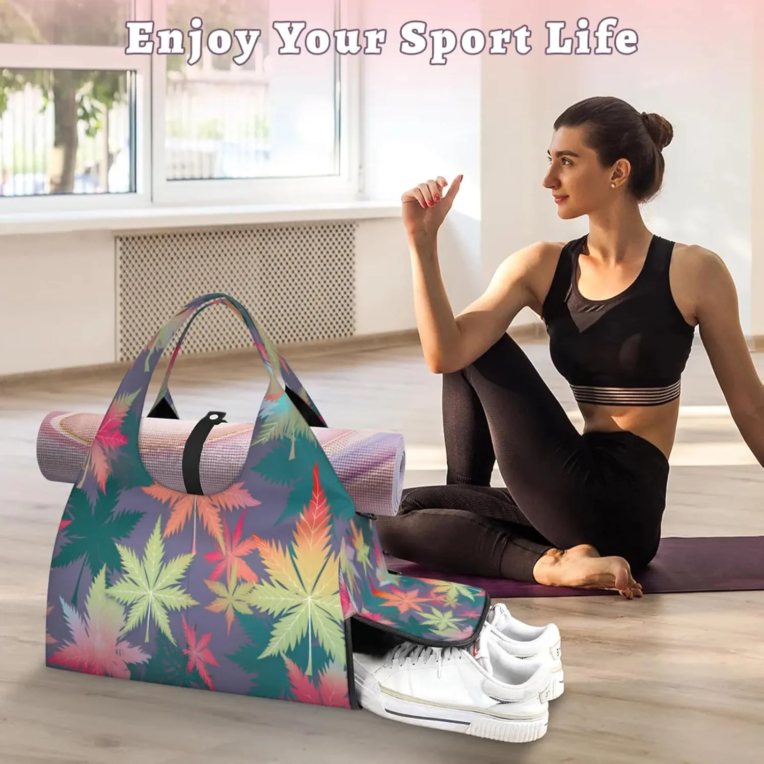 Autumn Maple Pattern Waterproof Gym Bag for Men Women, Sports Duffel Bag with Shoe Compartment Yoga Mat Holder, Portable Large Travel Bag for Fitness, Camping, Weekend Trips