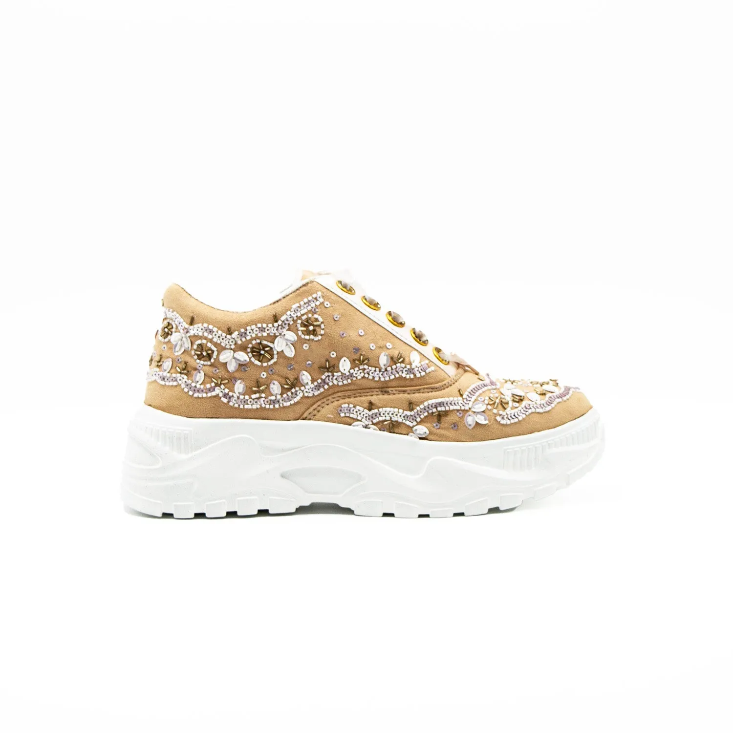 Ava Luxury Pale Sand Suede Handmade Embellished Trainers