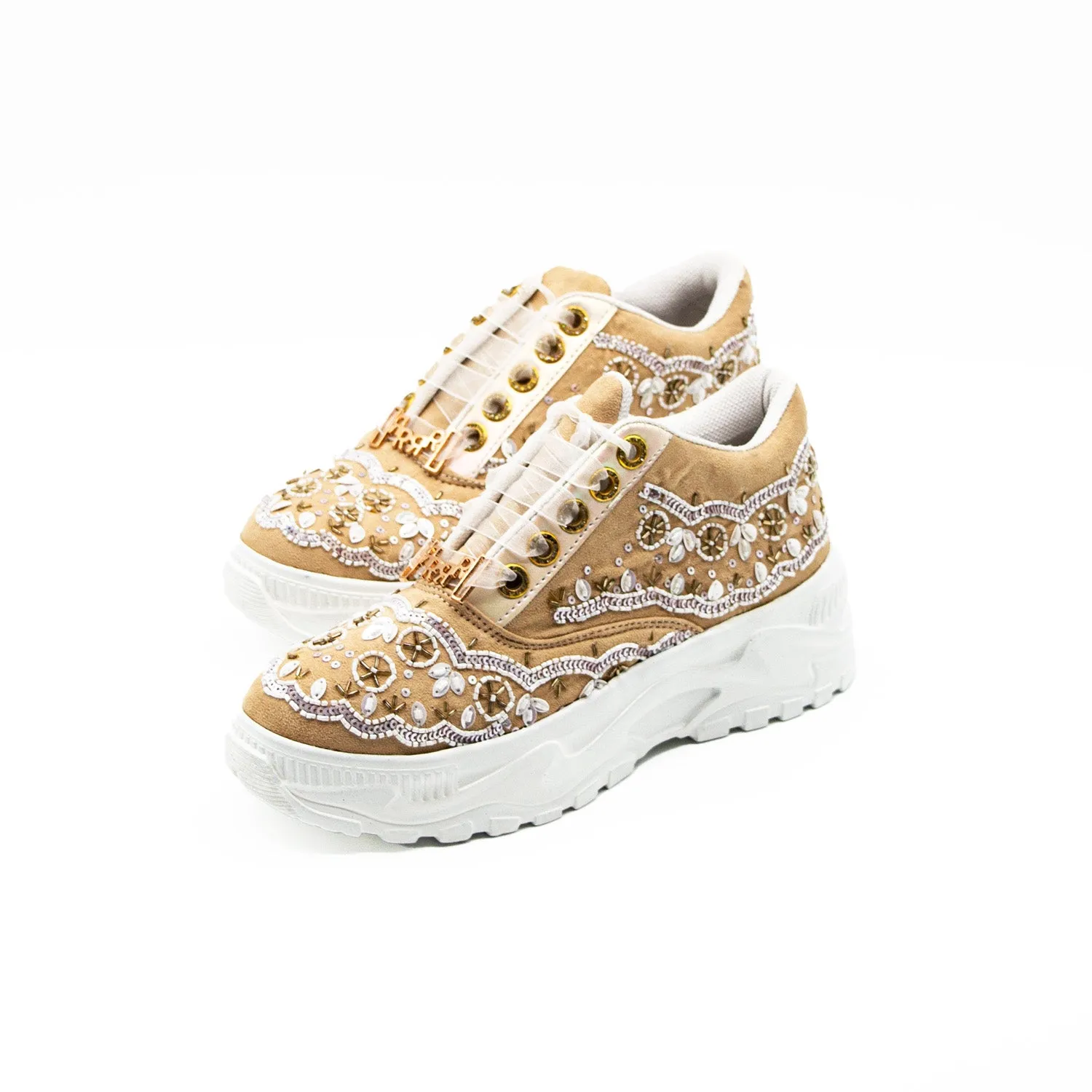 Ava Luxury Pale Sand Suede Handmade Embellished Trainers