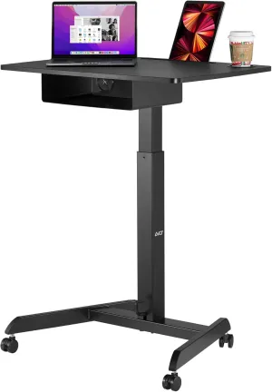 AVLT 44" Height Adjustable Foot Pedal Rolling Desk with Shelf (3 ft 8 inches) - Pneumatic Laptop Standing Desk Cart - Mobile Laptop Cart - Black Computer Projector Cart with Brake Casters