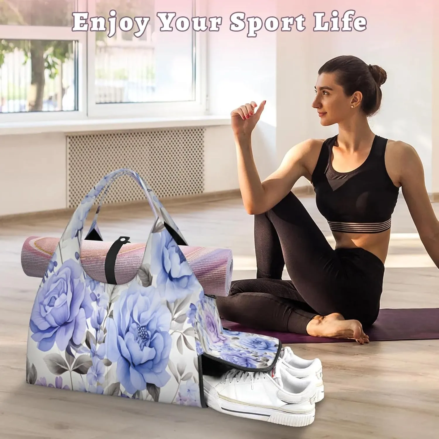 Azure Rose Radiance Waterproof Gym Bag for Men Women, Sports Duffel Bag with Shoe Compartment Yoga Mat Holder, Portable Large Travel Bag for Fitness, Camping, Weekend Trips