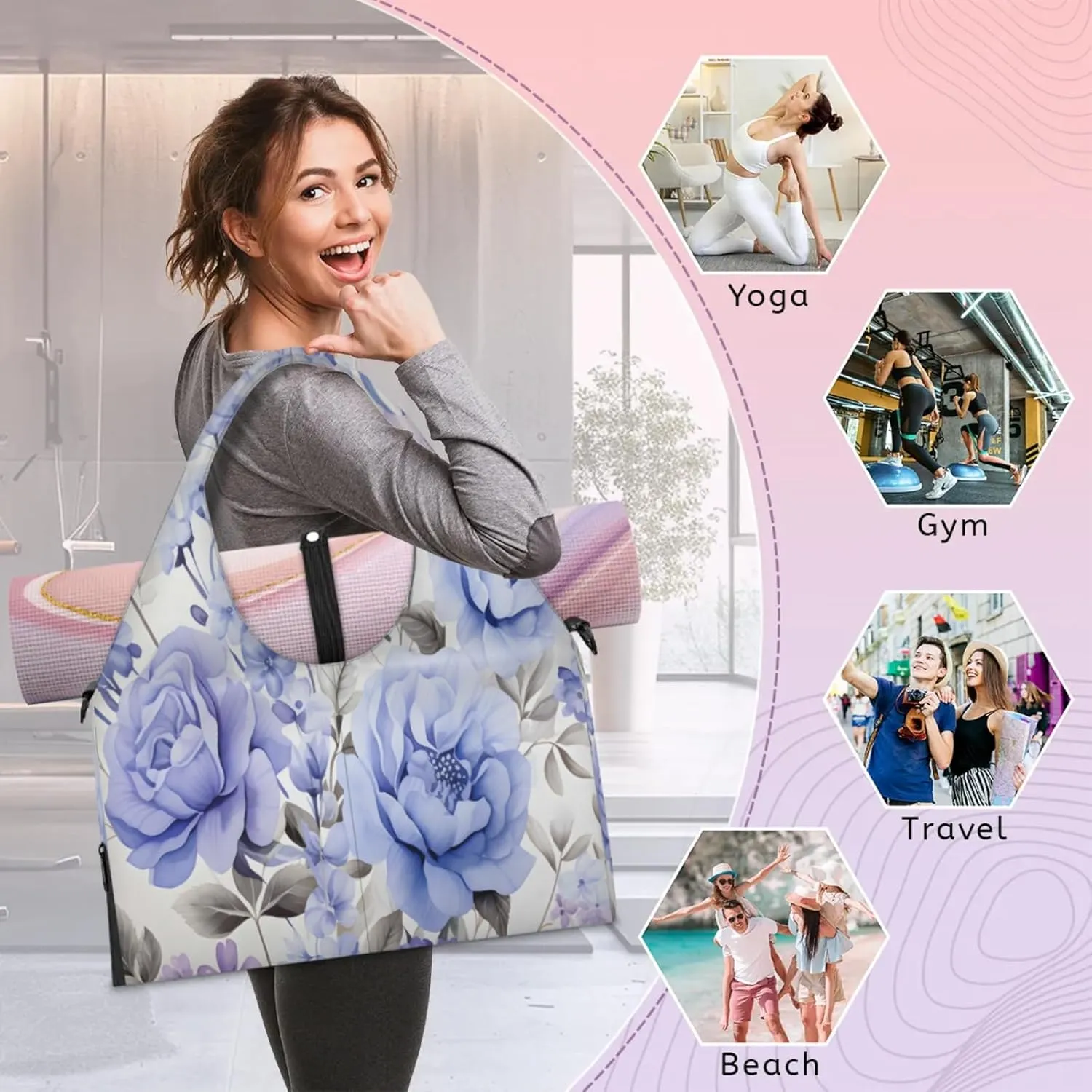 Azure Rose Radiance Waterproof Gym Bag for Men Women, Sports Duffel Bag with Shoe Compartment Yoga Mat Holder, Portable Large Travel Bag for Fitness, Camping, Weekend Trips