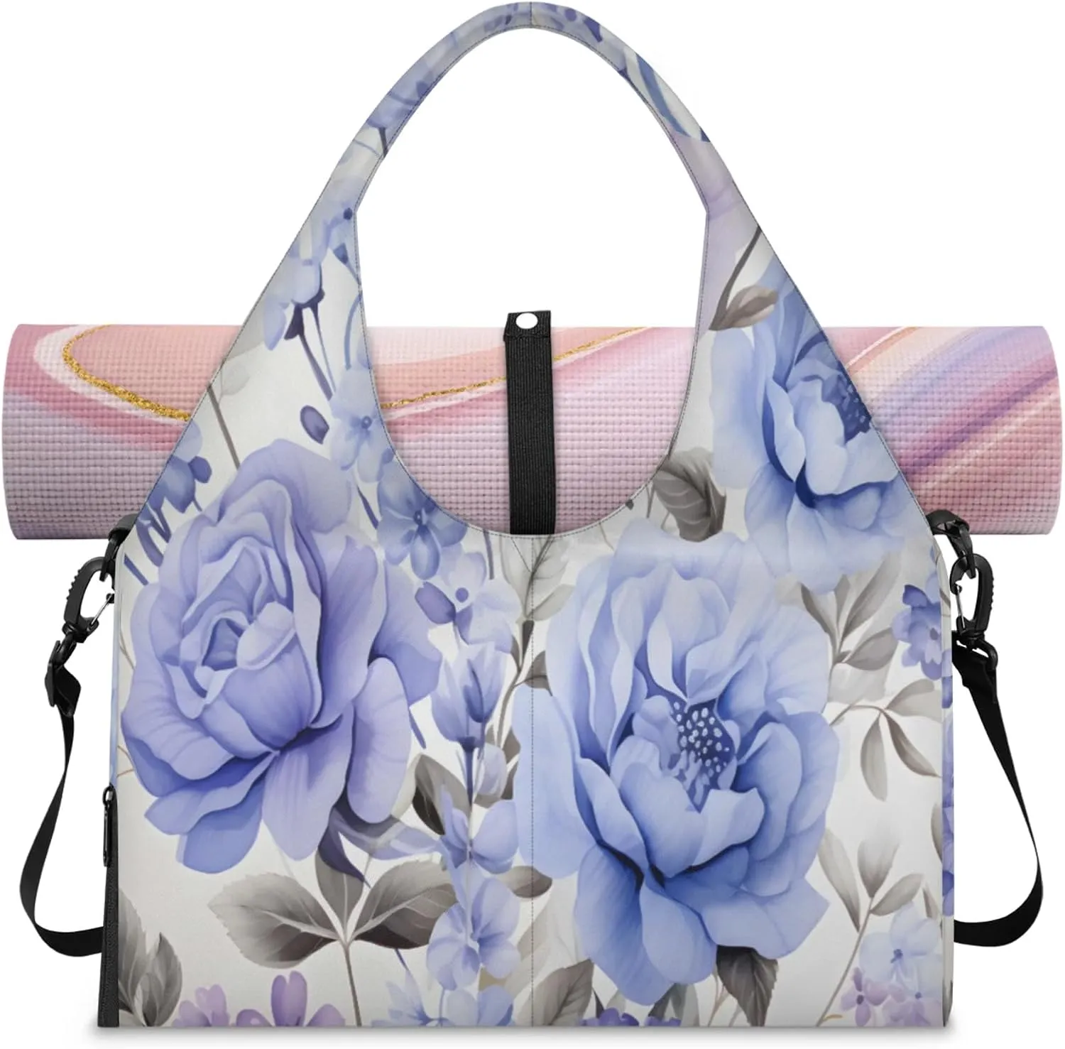 Azure Rose Radiance Waterproof Gym Bag for Men Women, Sports Duffel Bag with Shoe Compartment Yoga Mat Holder, Portable Large Travel Bag for Fitness, Camping, Weekend Trips