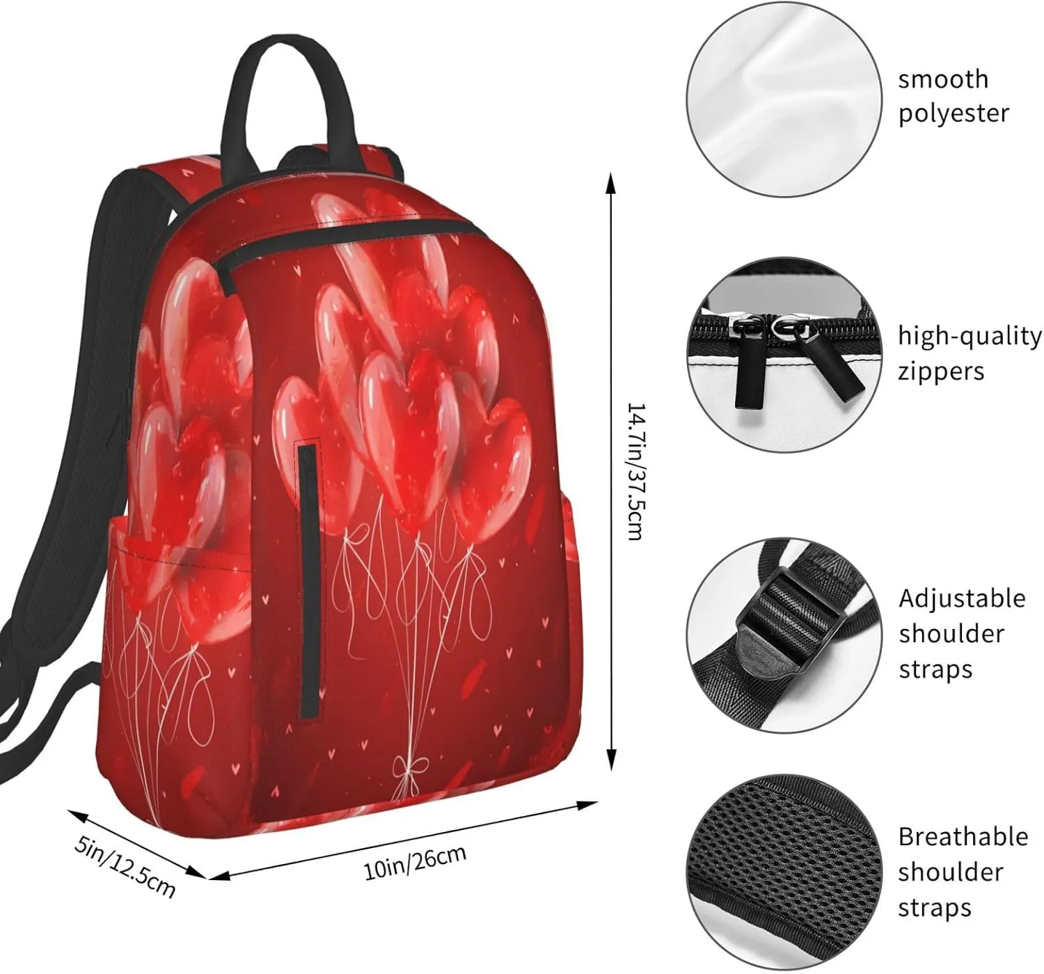 Backpack For Women Men Valentine'S Red Heart Balloons Bookbag Lightweight Travel Casual Daypack Water Resistant Outdoor Hiking Sport Rucksack
