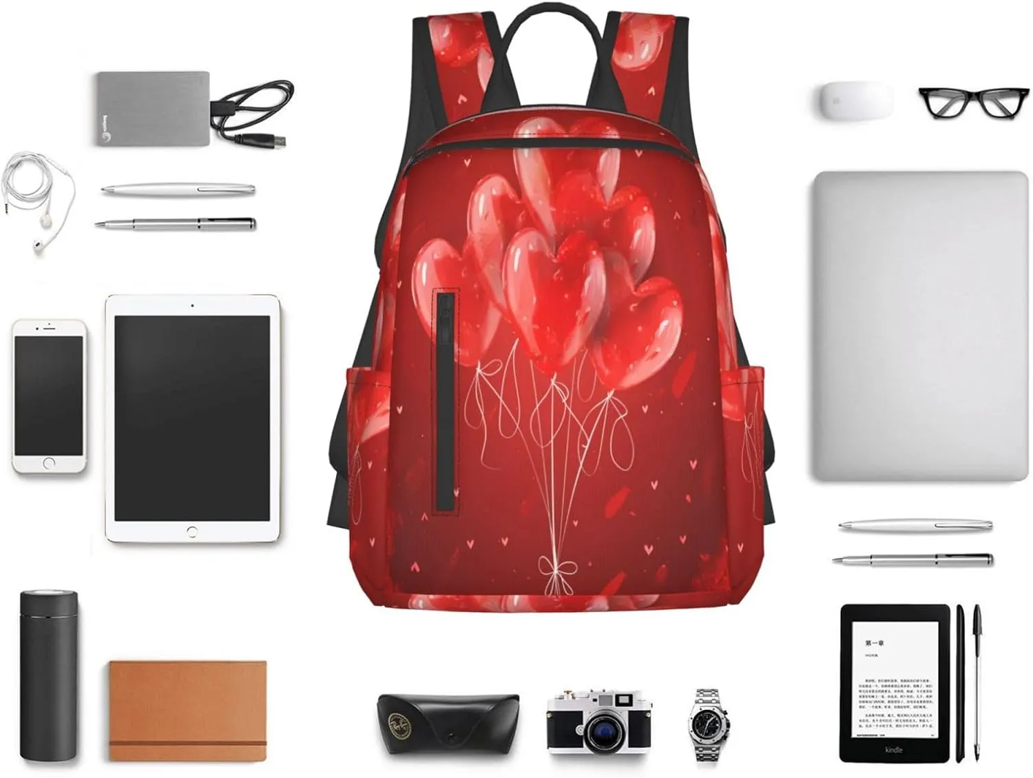 Backpack For Women Men Valentine'S Red Heart Balloons Bookbag Lightweight Travel Casual Daypack Water Resistant Outdoor Hiking Sport Rucksack