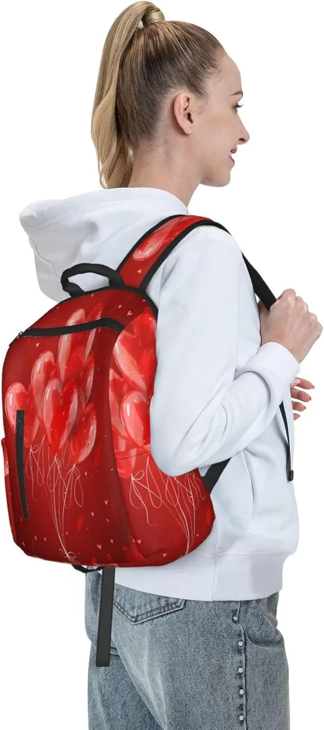 Backpack For Women Men Valentine'S Red Heart Balloons Bookbag Lightweight Travel Casual Daypack Water Resistant Outdoor Hiking Sport Rucksack