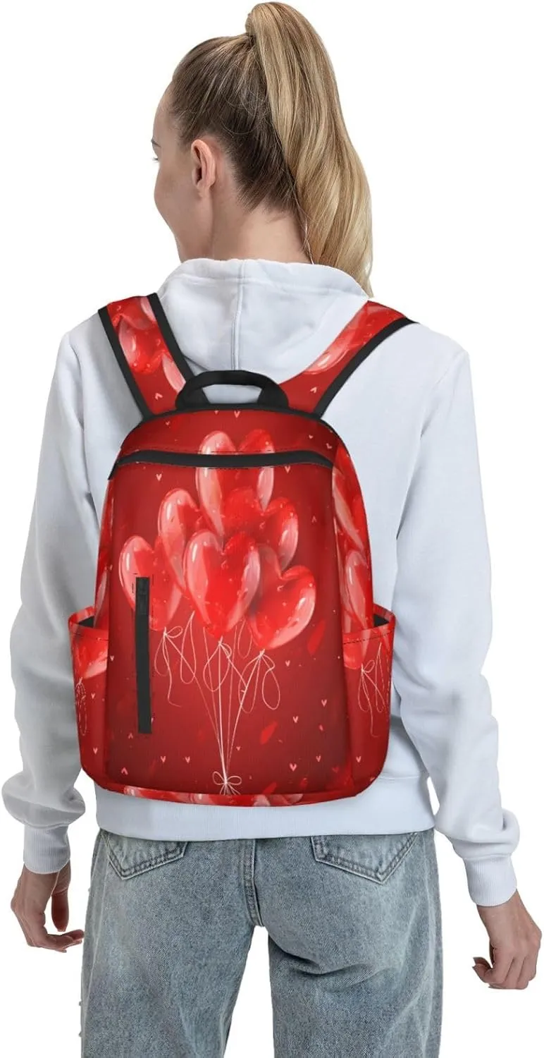 Backpack For Women Men Valentine'S Red Heart Balloons Bookbag Lightweight Travel Casual Daypack Water Resistant Outdoor Hiking Sport Rucksack