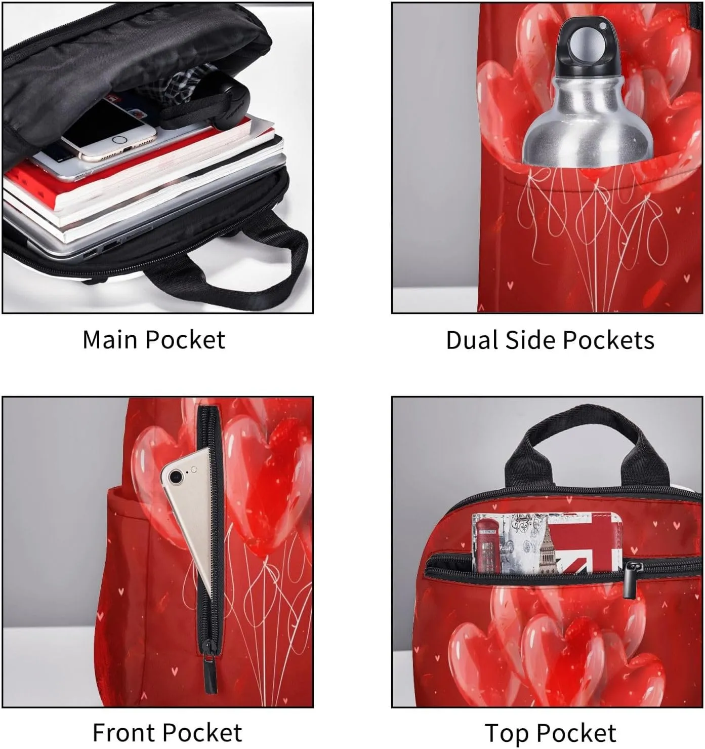 Backpack For Women Men Valentine'S Red Heart Balloons Bookbag Lightweight Travel Casual Daypack Water Resistant Outdoor Hiking Sport Rucksack