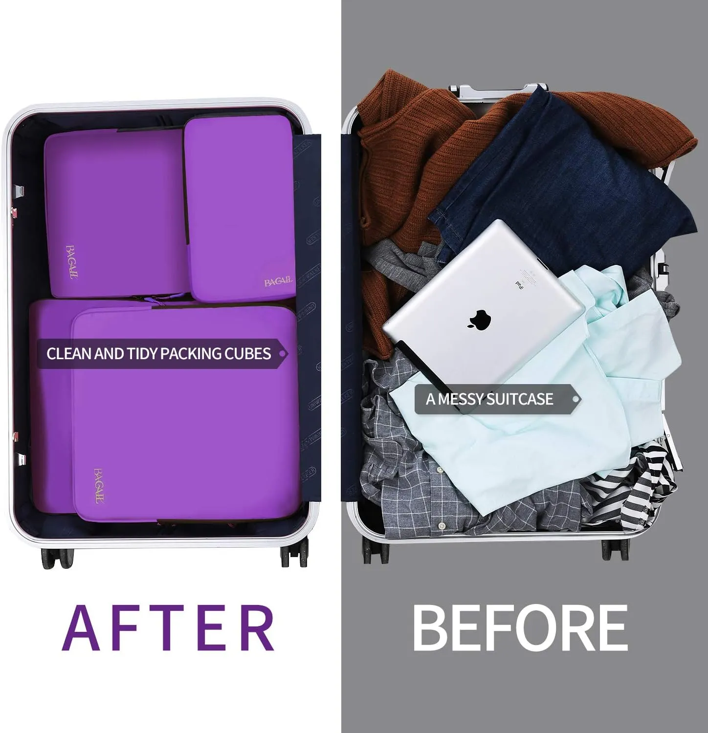 BAGAIL 4 Set/6 Set/8 Set Compression Packing Cubes Travel Accessories Expandable Packing Organizers(Purple ClothPattern 4 Set)