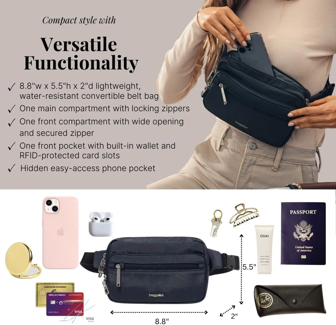 Baggallini Securtex Anti-Theft Belt Fanny Pack for Women RFID Wallet Locking Zipper-Travel Bag Crossbody Purse