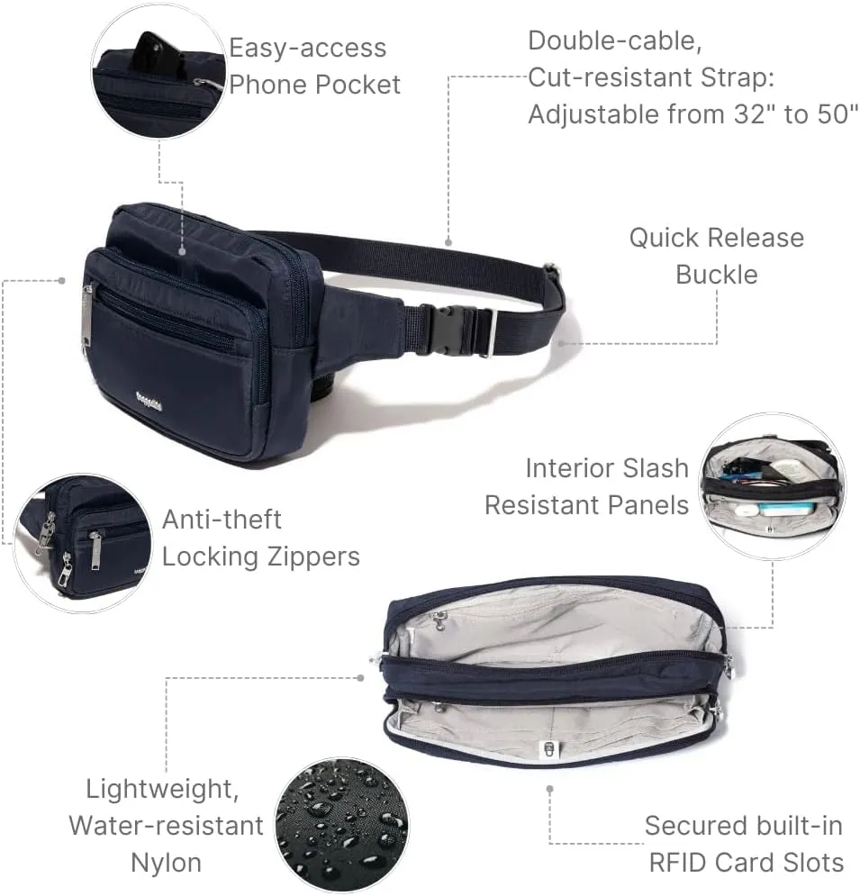 Baggallini Securtex Anti-Theft Belt Fanny Pack for Women RFID Wallet Locking Zipper-Travel Bag Crossbody Purse