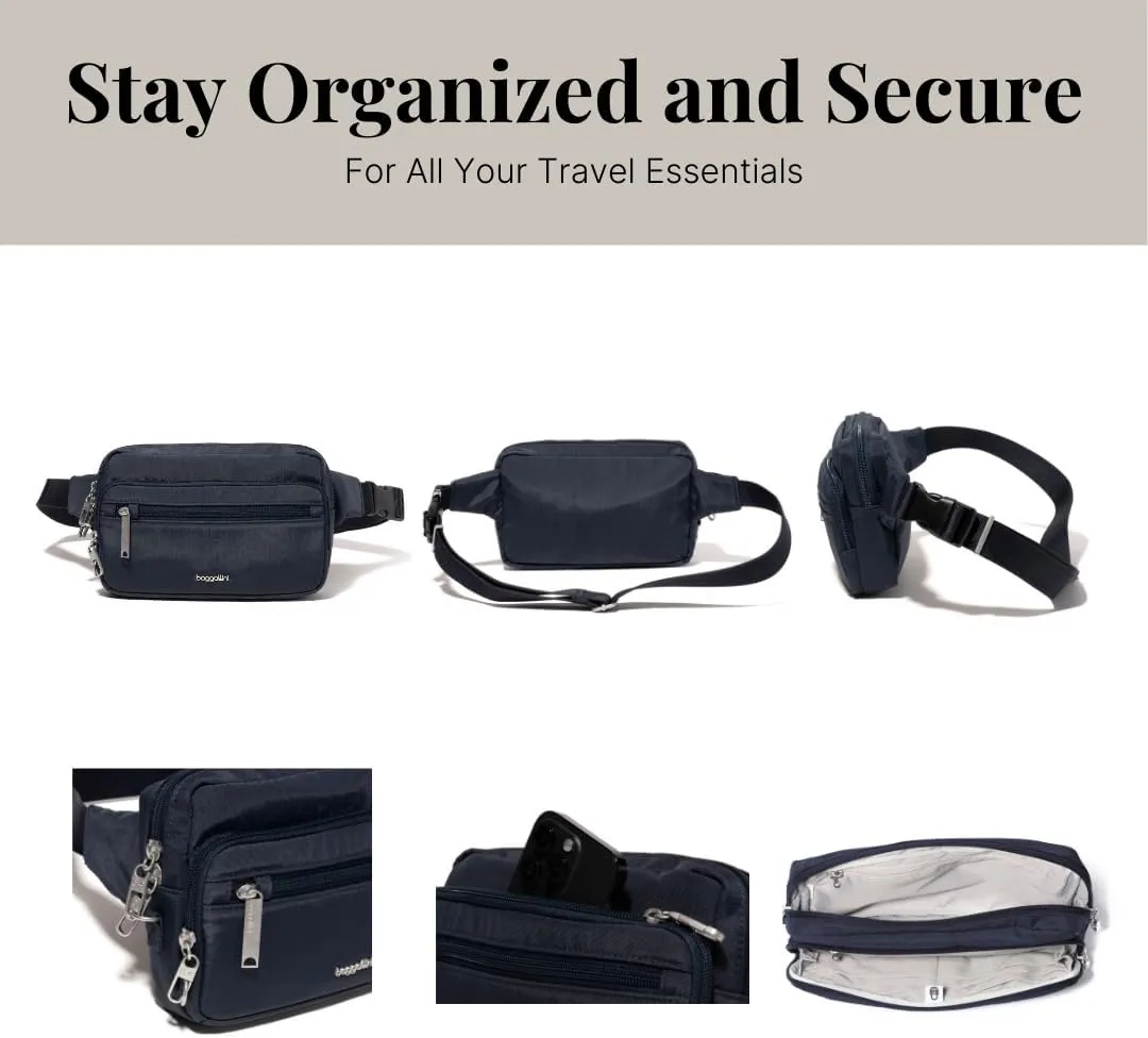 Baggallini Securtex Anti-Theft Belt Fanny Pack for Women RFID Wallet Locking Zipper-Travel Bag Crossbody Purse