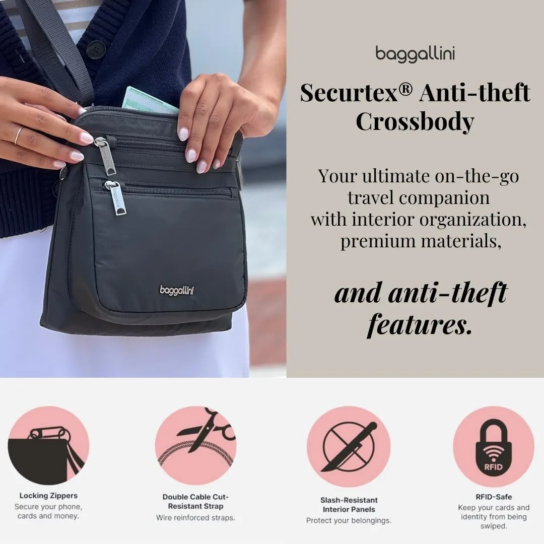 Baggallini Securtex Anti-Theft Crossbody Travel Purse with RFID Card Slots, Locking Zippers & Cut-Resistant Strap