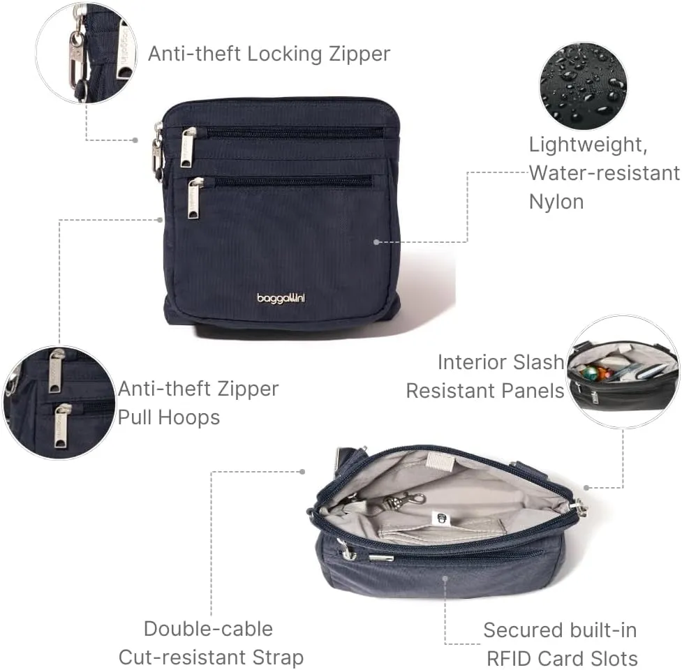 Baggallini Securtex Anti-Theft Crossbody Travel Purse with RFID Card Slots, Locking Zippers & Cut-Resistant Strap