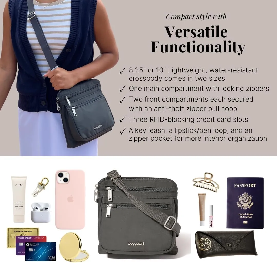 Baggallini Securtex Anti-Theft Crossbody Travel Purse with RFID Card Slots, Locking Zippers & Cut-Resistant Strap