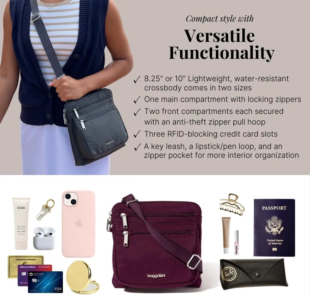 Baggallini Securtex Anti-Theft Crossbody Travel Purse with RFID Card Slots, Locking Zippers & Cut-Resistant Strap