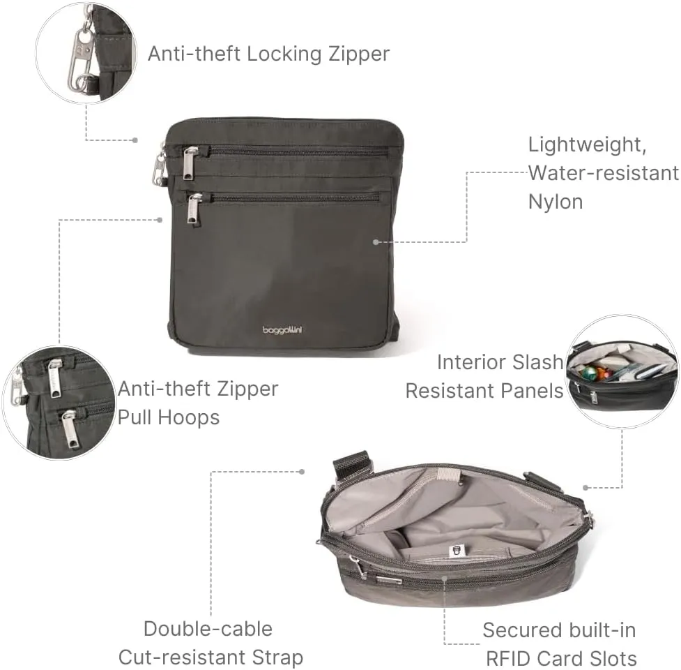 Baggallini Securtex Anti-Theft Crossbody Travel Purse with RFID Card Slots, Locking Zippers & Cut-Resistant Strap