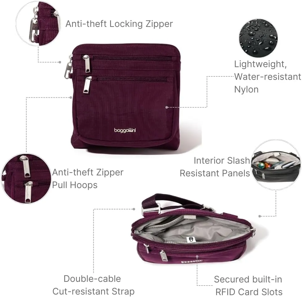 Baggallini Securtex Anti-Theft Crossbody Travel Purse with RFID Card Slots, Locking Zippers & Cut-Resistant Strap