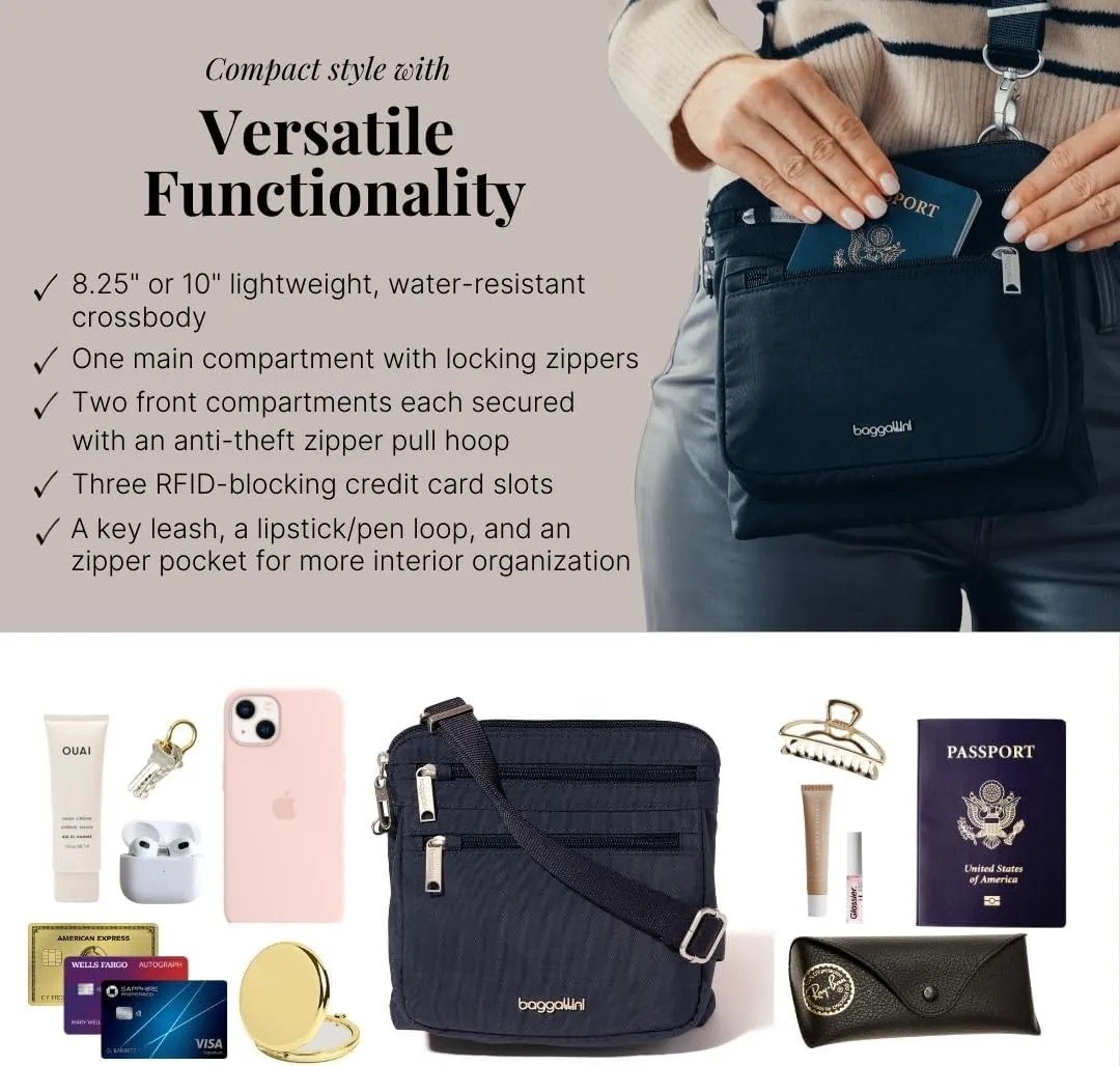 Baggallini Securtex Anti-Theft Crossbody Travel Purse with RFID Card Slots, Locking Zippers & Cut-Resistant Strap