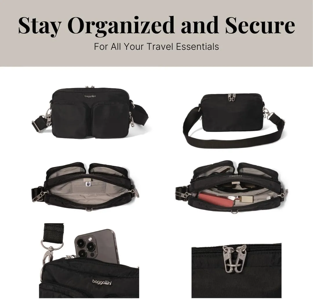 Baggallini Securtex Anti-Theft Treasure Crossbody 9"x5.5" Lightweight Travel Purse with RFID Card Slots Locking Zippers