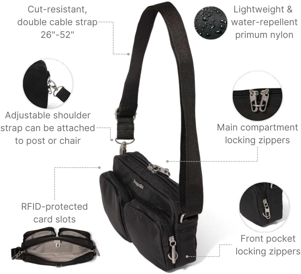 Baggallini Securtex Anti-Theft Treasure Crossbody 9"x5.5" Lightweight Travel Purse with RFID Card Slots Locking Zippers