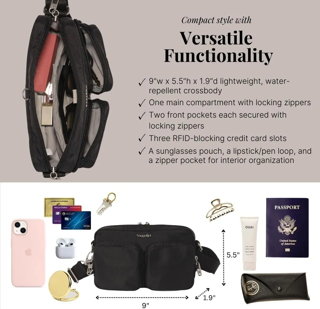 Baggallini Securtex Anti-Theft Treasure Crossbody 9"x5.5" Lightweight Travel Purse with RFID Card Slots Locking Zippers