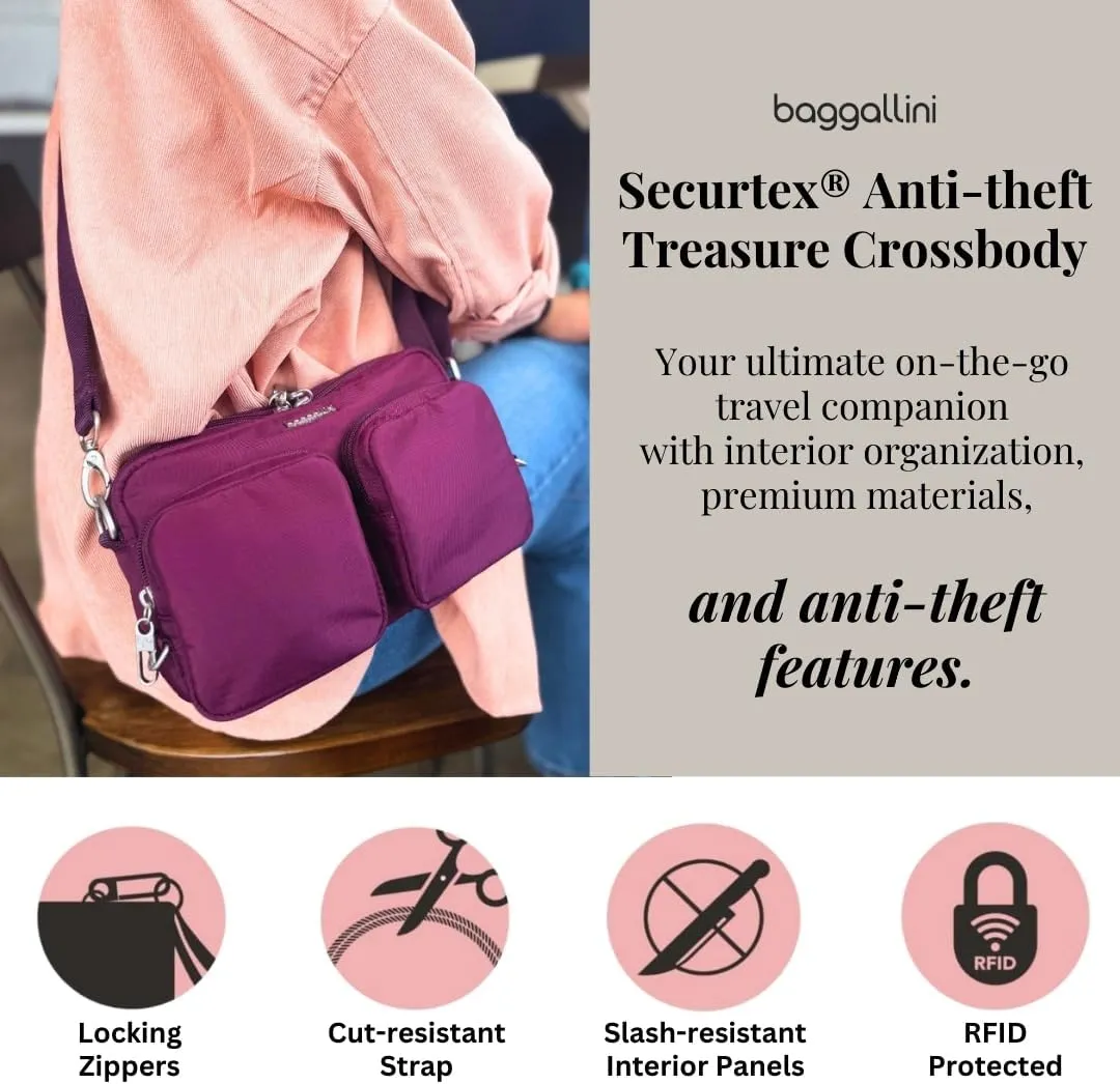 Baggallini Securtex Anti-Theft Treasure Crossbody 9"x5.5" Lightweight Travel Purse with RFID Card Slots Locking Zippers