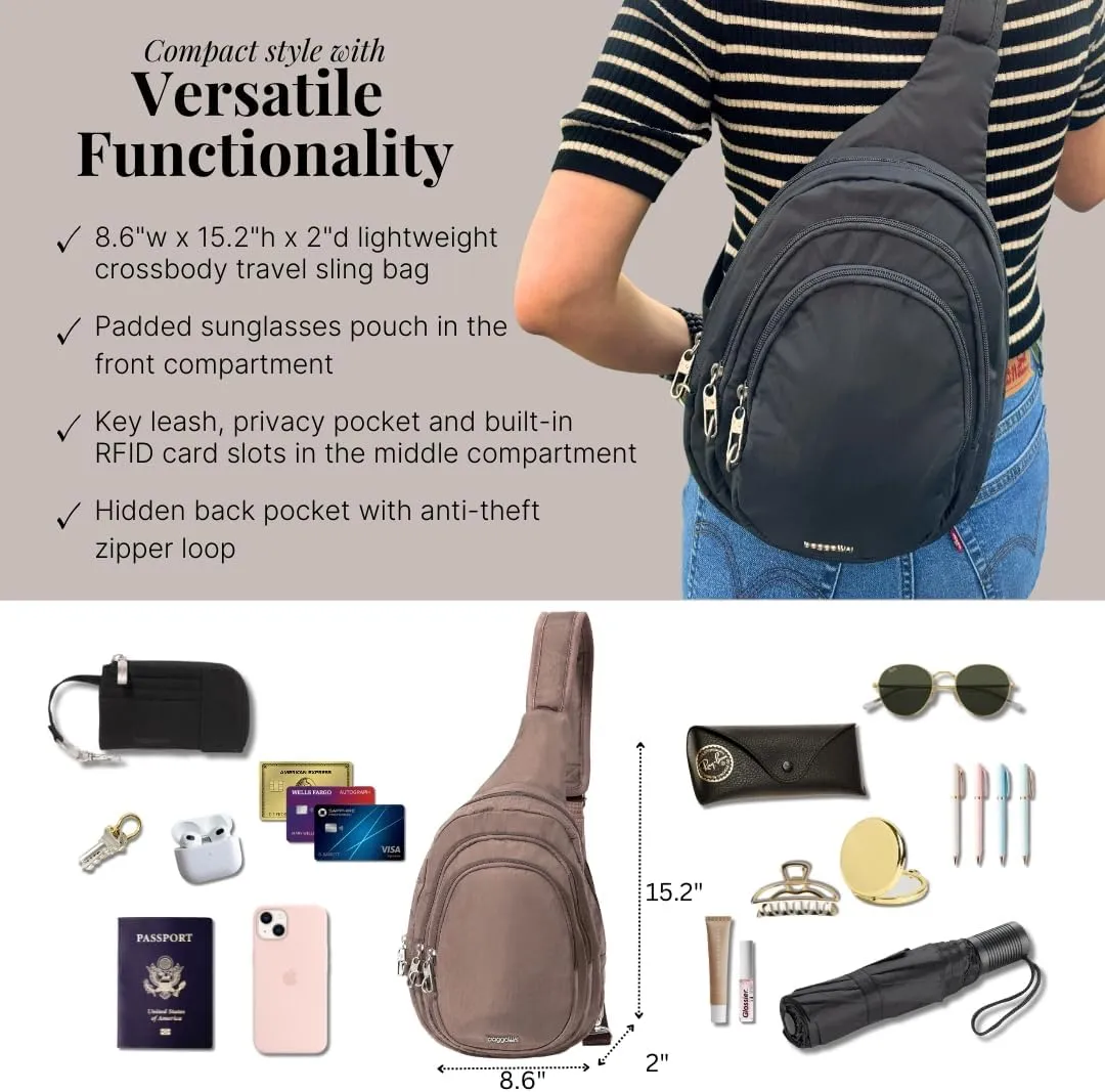 Baggallini Securtex® Anti-Theft Triple Zip Sling 8.6"x15.2" Travel Crossbody Backpack with RFID Wallet Locking Zipper