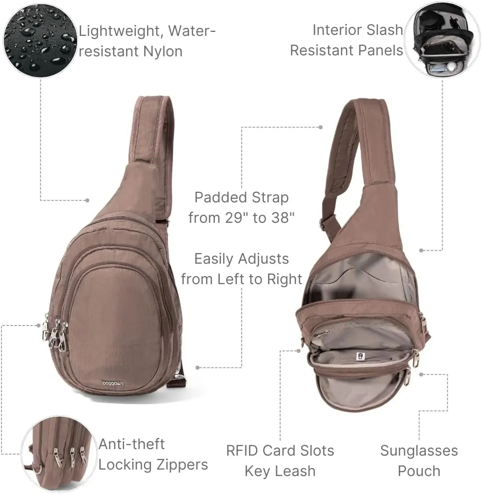 Baggallini Securtex® Anti-Theft Triple Zip Sling 8.6"x15.2" Travel Crossbody Backpack with RFID Wallet Locking Zipper