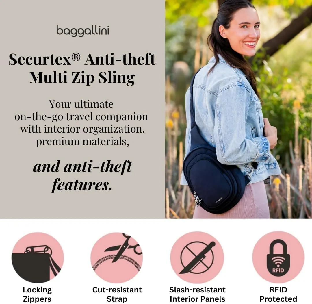 Baggallini Securtex® Anti-Theft Triple Zip Sling 8.6"x15.2" Travel Crossbody Backpack with RFID Wallet Locking Zipper