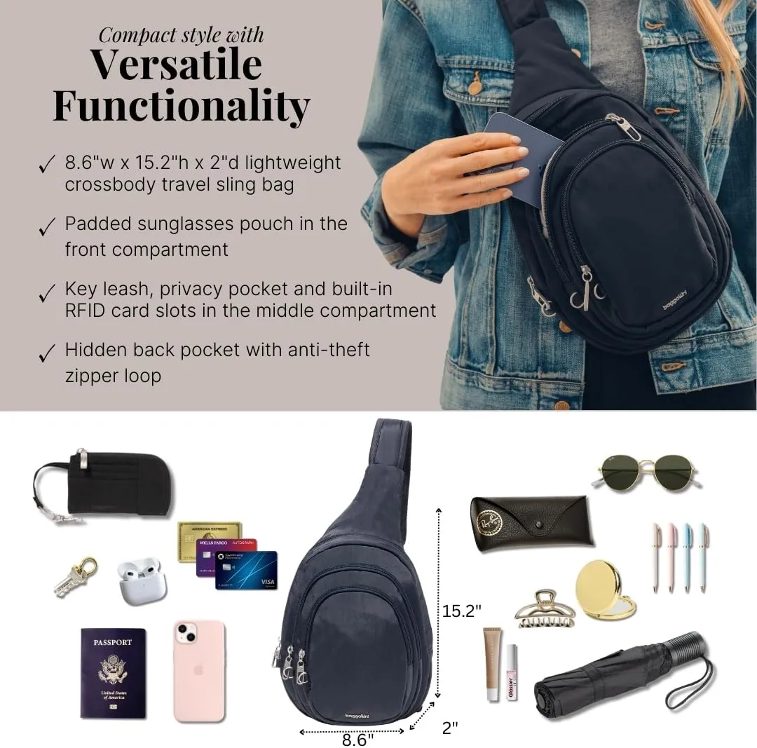 Baggallini Securtex® Anti-Theft Triple Zip Sling - Travel Backpack Sling Bag Crossbody - RFID Wallet Locking Zipper