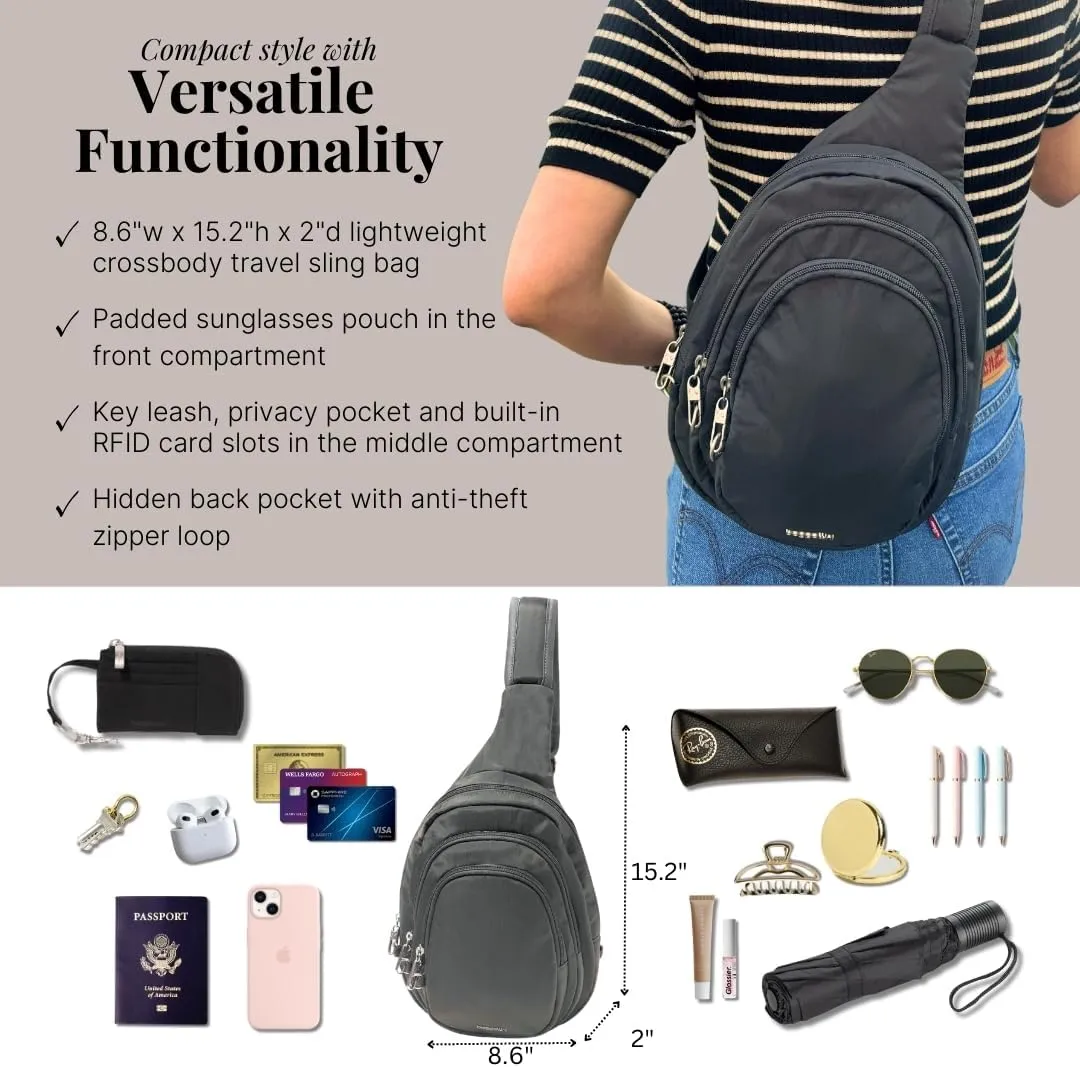 Baggallini Securtex® Anti-Theft Triple Zip Sling - Travel Backpack Sling Bag Crossbody - RFID Wallet Locking Zipper